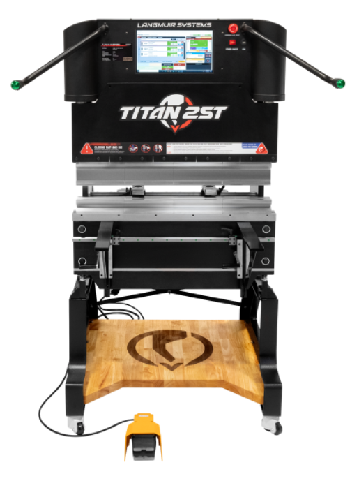 Black Titan Vest heat press with wooden platen, green-handled clamps and yellow foot pedal